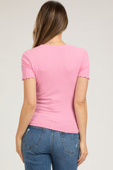 Pink Ribbed Fitted Lettuce Trim Maternity Top