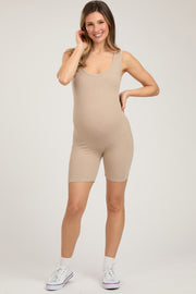 Taupe Sleeveless Ribbed Biker Short Maternity Romper