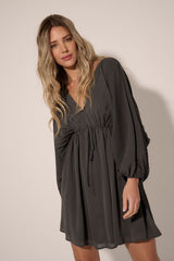 Charcoal Solid Deep V Neck Chiffon Bishop Sleeve Mini Dress