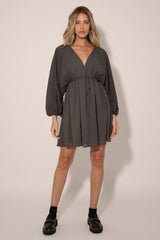 Charcoal Solid Deep V Neck Chiffon Bishop Sleeve Mini Dress