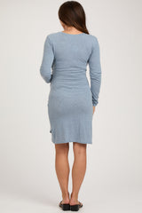 Blue Heather Ruched Wrap Maternity Dress