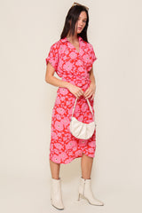 Orange Fuchsia Surplice Floral Print Wrap Midi Dress