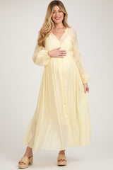 Yellow Embroidered Maternity Button Down Maxi Dress