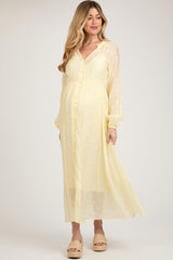 Yellow Embroidered Maternity Button Down Maxi Dress