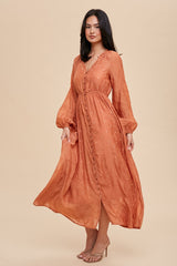 Rust Embroidered Button Down Maxi Dress