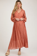 Rust Embroidered Maternity Button Down Maxi Dress