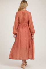 Rust Embroidered Maternity Button Down Maxi Dress