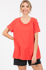 Red Raw Hem Short Sleeve Top