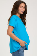 Blue Raw Hem Maternity Short Sleeve Top