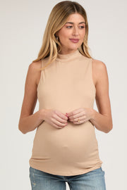 Beige Sleeveless Mock Neck Maternity Top