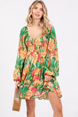 Green Tropical Floral Smocked V-Neck Midi Dress