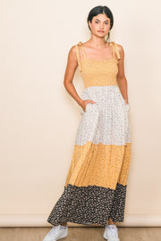 Yellow Multicolor Ditsy Floral Shoulder Tie Maxi Dress