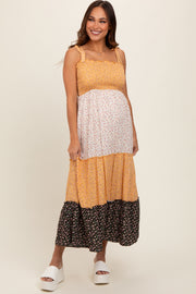 Yellow Multicolor Ditsy Floral Shoulder Tie Maternity Maxi Dress