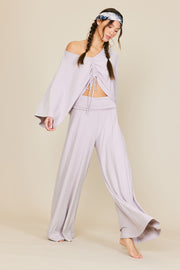 Grey Ribbed Foldover Waist Wide Leg Pants