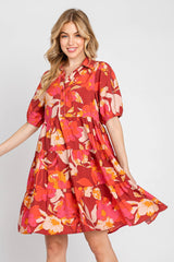 Burgundy Printed Puff Sleeve Maternity Tiered Dress