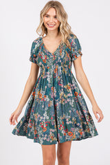 Teal Floral Smocked V-Neck Short Sleeve Dress