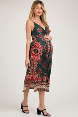 Forest Green Floral V-Neck Front Knot Side Slit Maternity Midi Dress