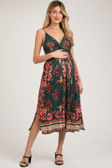 Forest Green Floral V-Neck Front Knot Side Slit Maternity Midi Dress