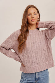 Mauve Crew Neck Cable Sweater Pullover