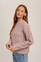 Mauve Crew Neck Cable Sweater Pullover