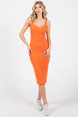 Orange Sleeveless Ribbed Fitted Maternity Dress