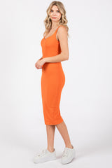 Orange Sleeveless Ribbed Fitted Dress