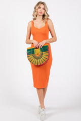 Orange Sleeveless Ribbed Fitted Dress