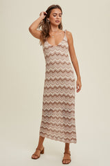 Taupe Chevron Crochet Shoulder Tie Maternity Midi Dress