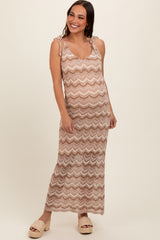 Taupe Chevron Crochet Shoulder Tie Maternity Midi Dress