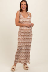 Taupe Chevron Crochet Shoulder Tie Maternity Midi Dress