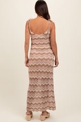 Taupe Chevron Crochet Shoulder Tie Maternity Midi Dress