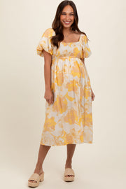 Yellow Floral Square Neck Smocked Short Puff Sleeve Maternity Midi Dress