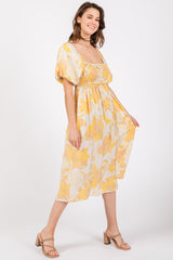 Yellow Floral Square Neck Smocked Short Puff Sleeve Maternity Midi Dress