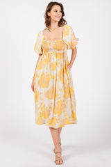 Yellow Floral Square Neck Smocked Short Puff Sleeve Midi Dress