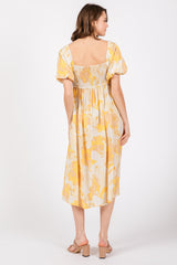 Yellow Floral Square Neck Smocked Short Puff Sleeve Midi Dress