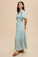 Green Floral Smocked Tiered Maxi Dress