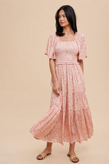 Pink Floral Smocked Tiered Maxi Dress