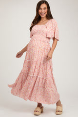 Pink Floral Smocked Tiered Maternity Maxi Dress