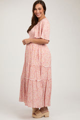 Pink Floral Smocked Tiered Maternity Maxi Dress