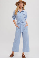 Chambray Button Down Tie-Waist Shirt Jumpsuit