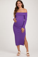 Purple Ribbed Off Shoulder Side Slit Maternity Midi Dress