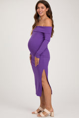 Purple Ribbed Off Shoulder Side Slit Maternity Midi Dress