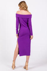 Purple Ribbed Off Shoulder Side Slit Midi Dress