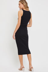 Black Rib Knit Sleeveless Midi Dress