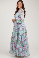 Blue Floral Chiffon Ruffle Tiered Maternity Maxi Dress