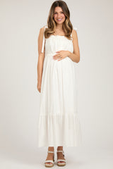 White Pleated Shoulder Tie Maternity Midi Dress