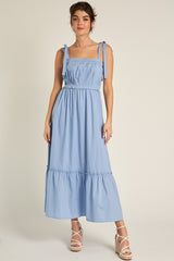 Light Blue Pleated Shoulder Tie Midi Dress