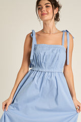 Light Blue Pleated Shoulder Tie Midi Dress