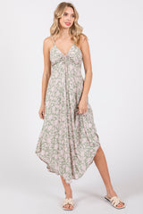 Light Olive Floral Front Tie V-Neck Maternity Midi Dress