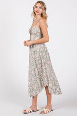 Light Olive Floral Front Tie V-Neck Midi Dress